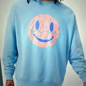 Outdoor Voices Light Blue and Pink Smiley Crewneck Sweater